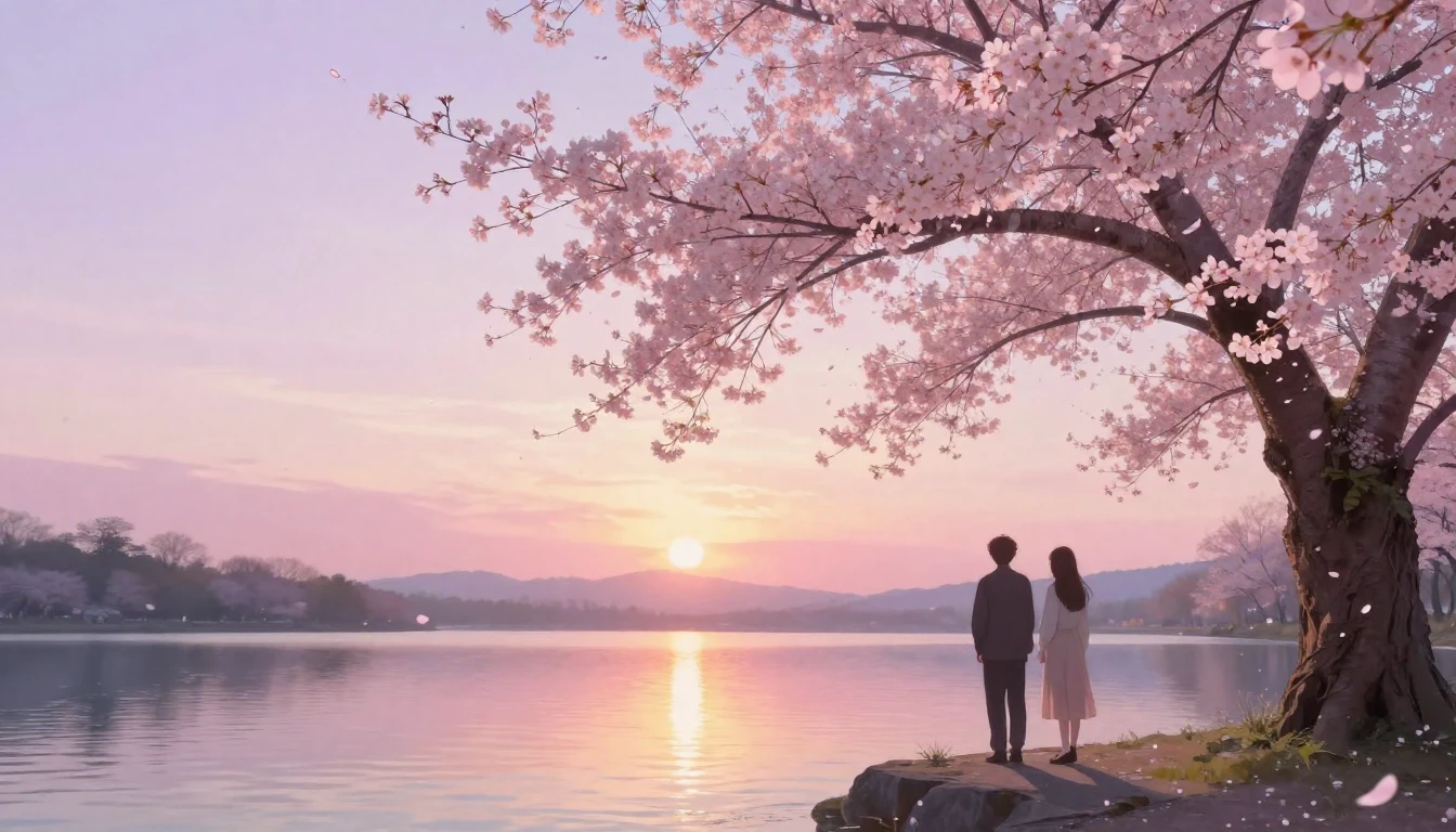 A dreamy and ethereal scene of two silhouettes standing unde...