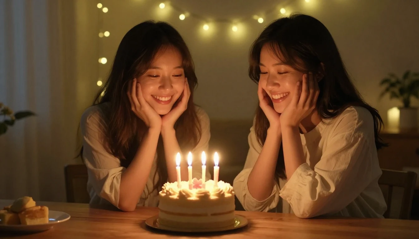 A warm and cozy birthday scene, two best friends celebrating...