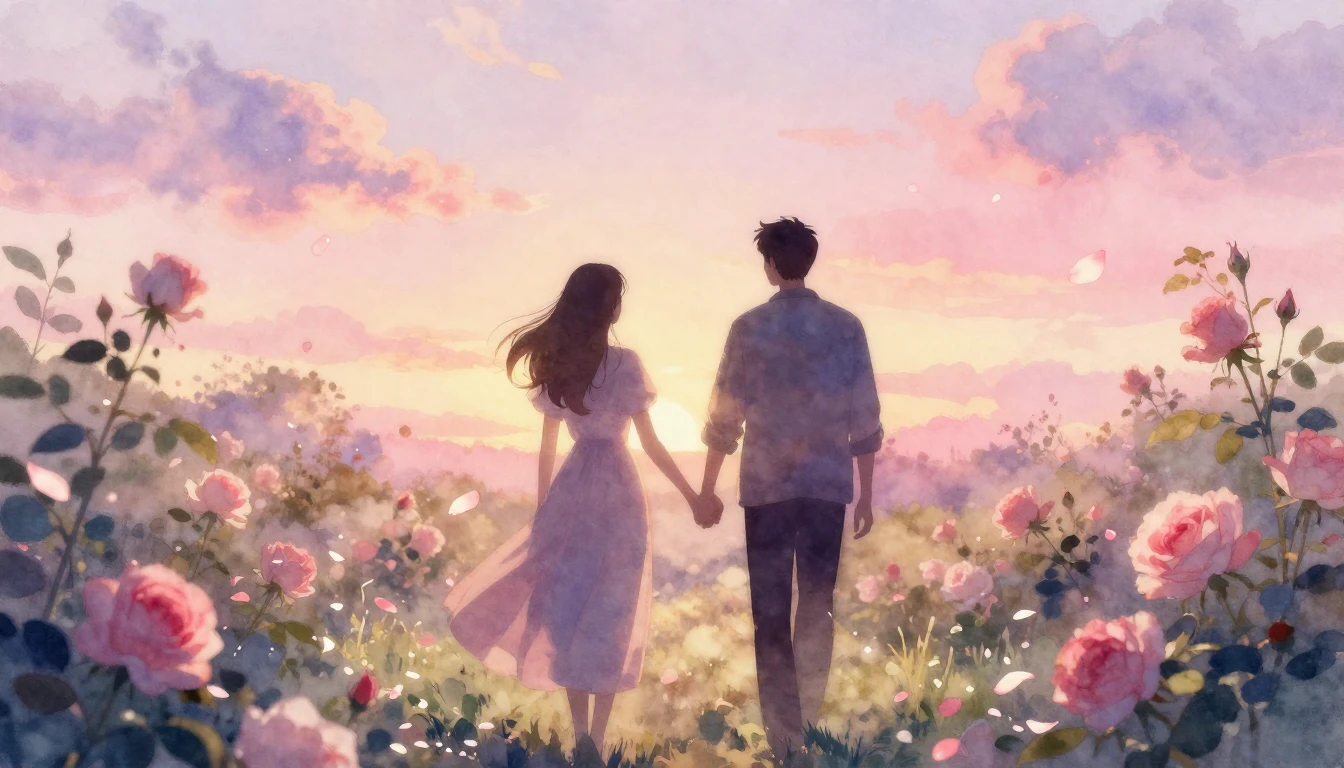 A dreamy watercolor painting of two silhouettes walking hand...