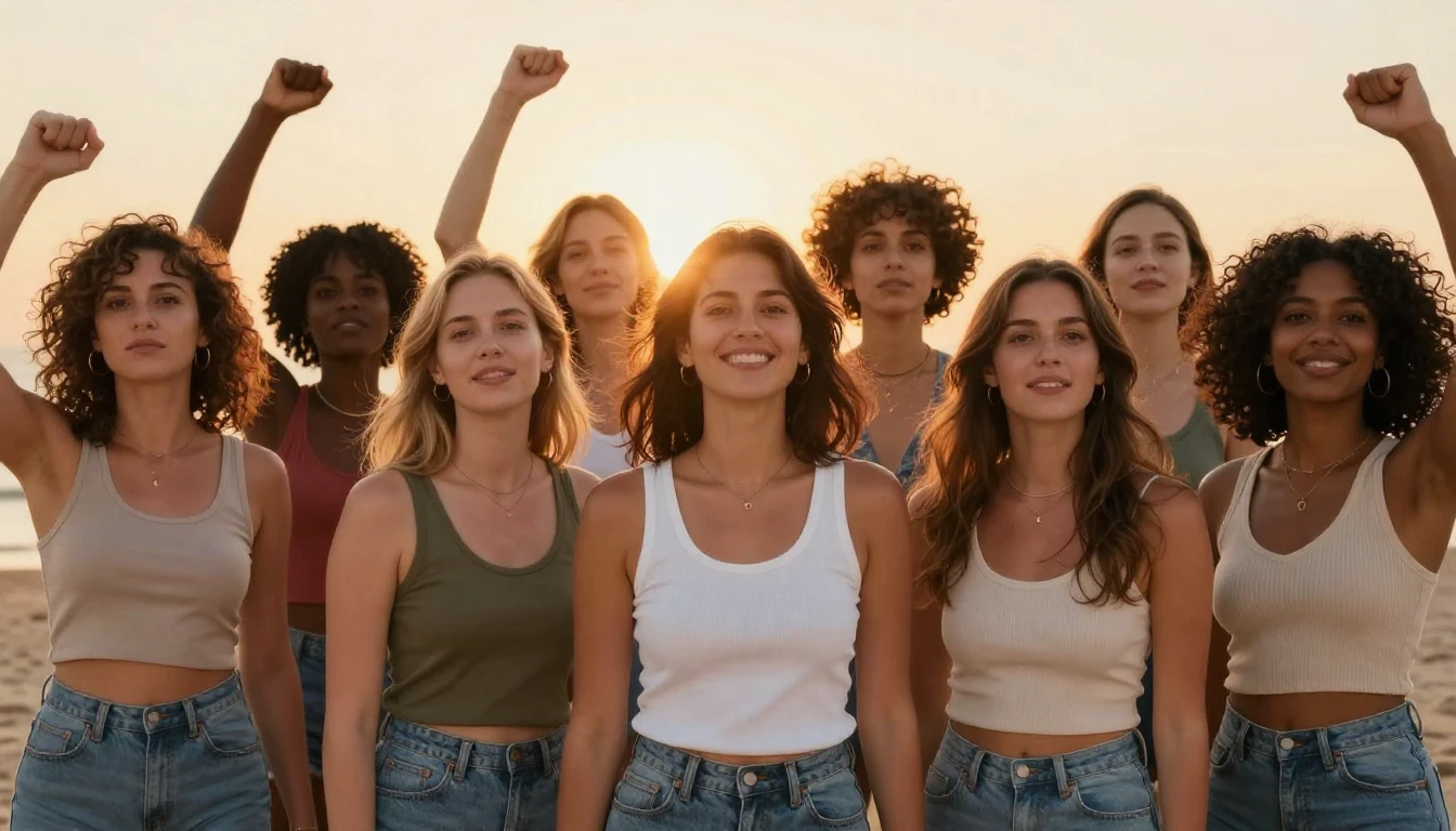 A beautiful and diverse group of women standing together, lo...