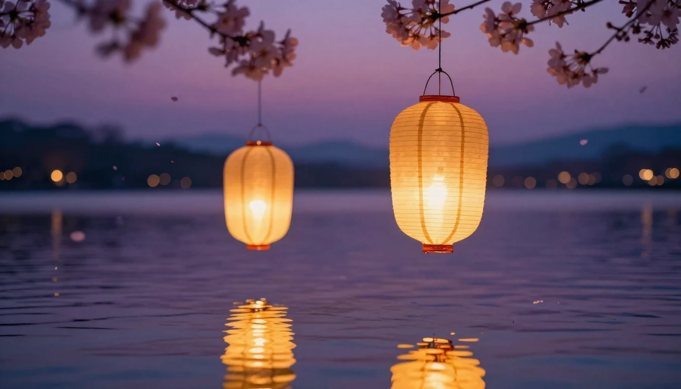 A breathtaking scene of two glowing paper lanterns floating ...