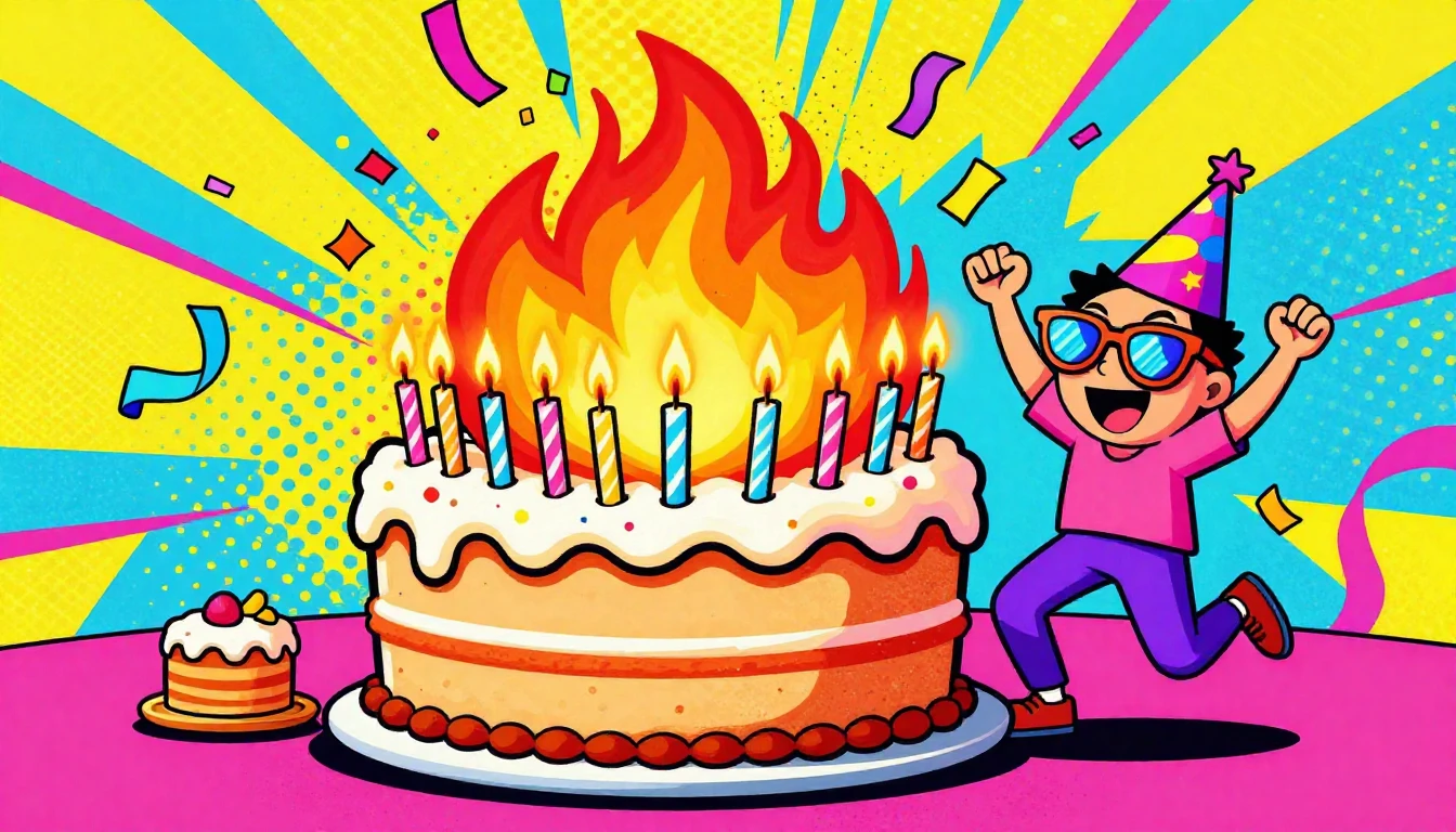 A vibrant and humorous pop art illustration of a birthday pa...