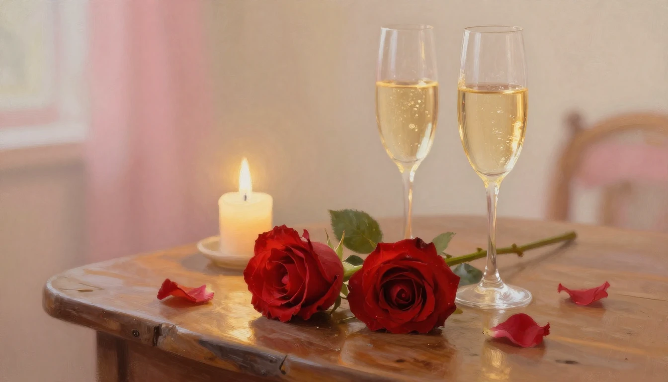 A soft and ethereal painting depicting two delicate red rose...