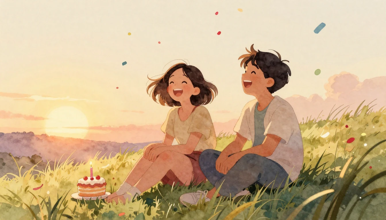 A heartwarming watercolor painting of two friends laughing t...