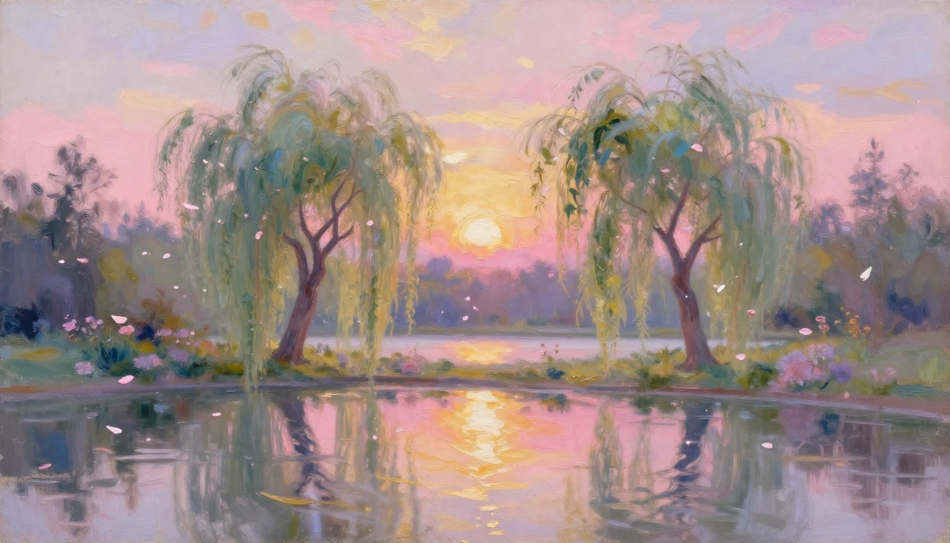 An impressionist painting of a serene garden at sunset. Soft...