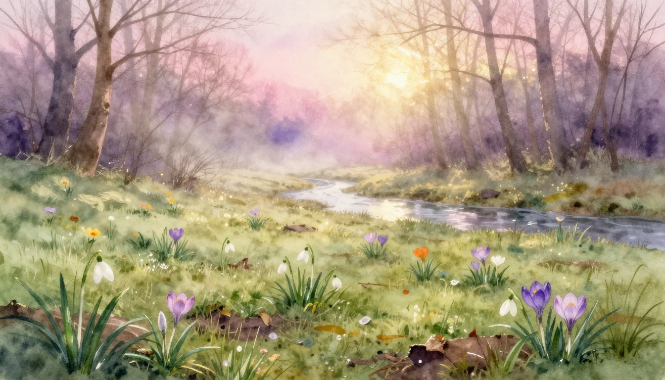 A delicate watercolor painting of a lush meadow at dawn. Tin...