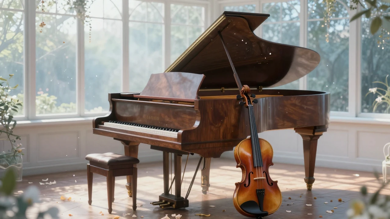 A serene and ethereal scene featuring an antique grand piano...