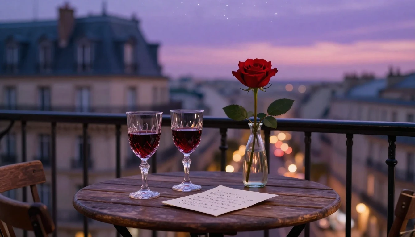 A highly romantic and intimate scene set on a small balcony ...