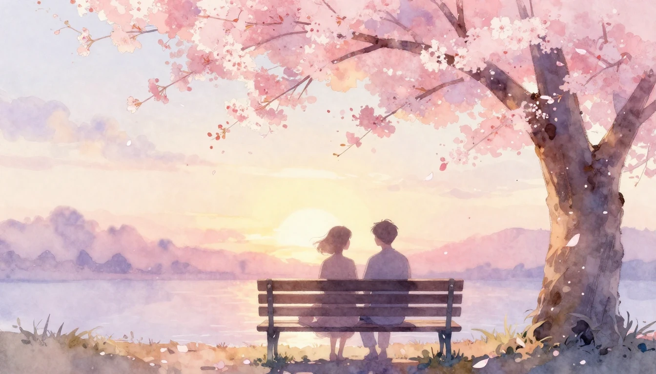 A delicate watercolor painting of two intertwined silhouette...