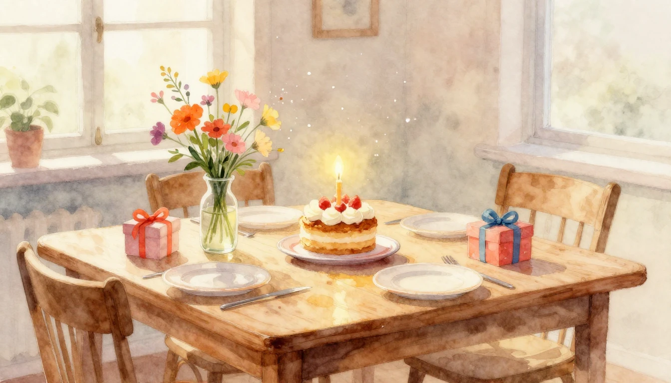 A beautiful watercolor painting of a cozy wooden table set f...