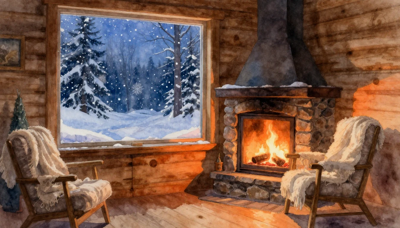 A cozy wooden cabin interior during a snowy winter evening. ...