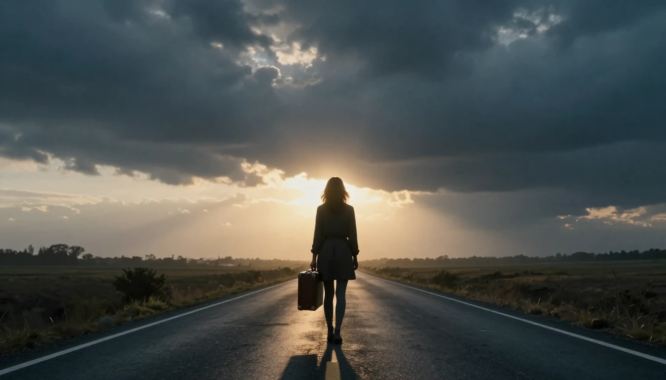 A cinematic wide shot of a lone woman standing at the end of...