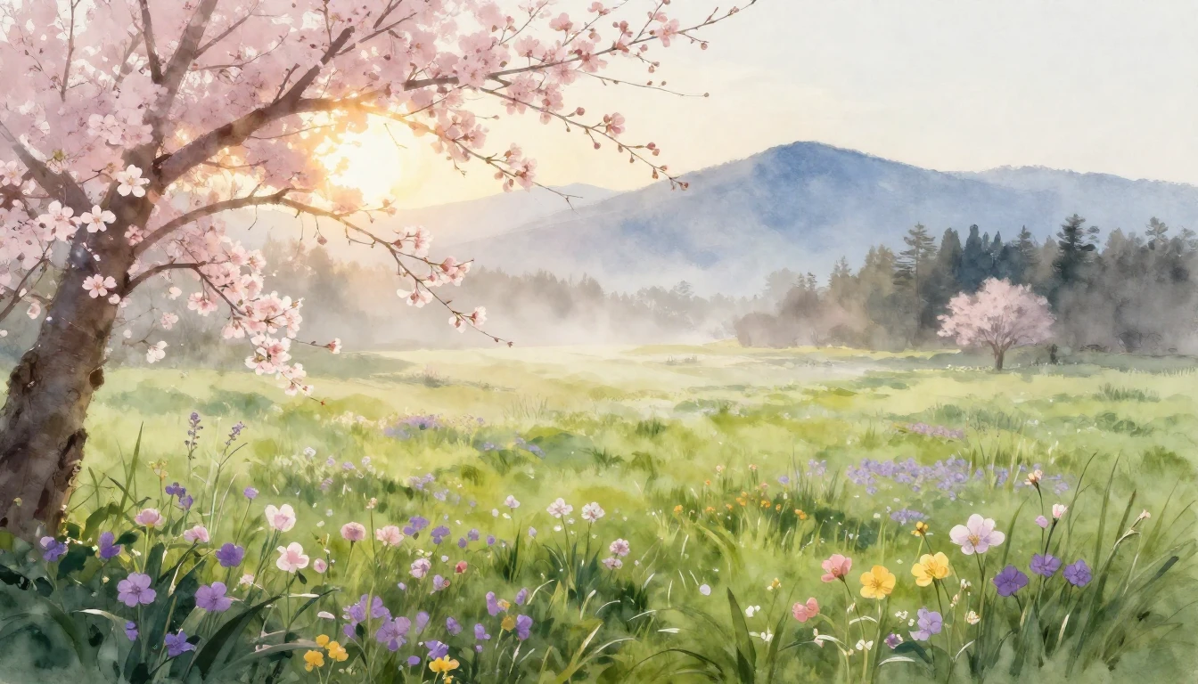A breathtaking watercolor painting of a lush green meadow at...