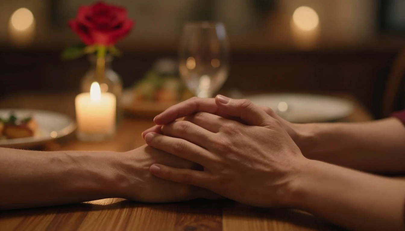 A cinematic close-up shot of two hands holding each other ge...