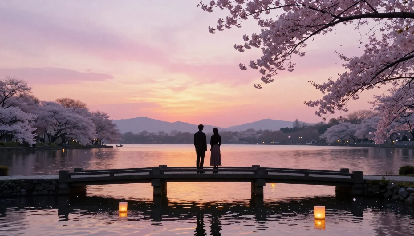 A serene and romantic scene featuring two elegant silhouette...