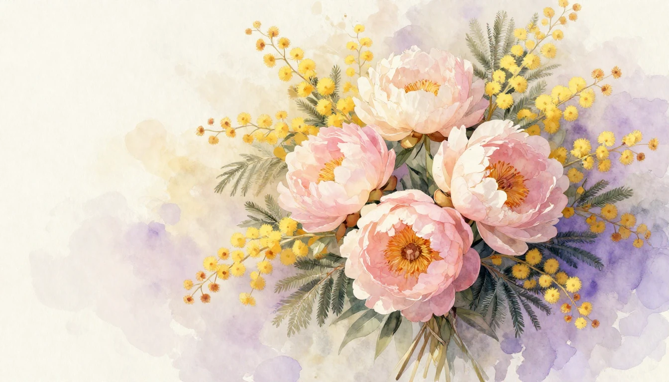 A delicate watercolor painting featuring a lush bouquet of m...
