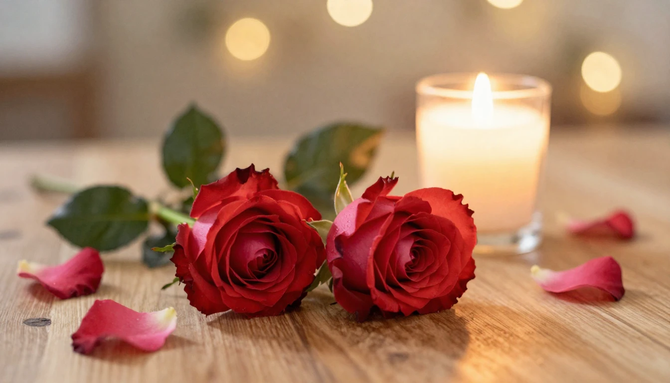 A beautiful and serene scene featuring two delicate red rose...