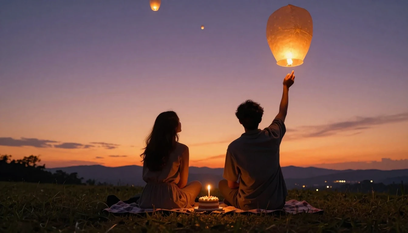 Two friends sitting on a grassy hill at sunset, looking at a...