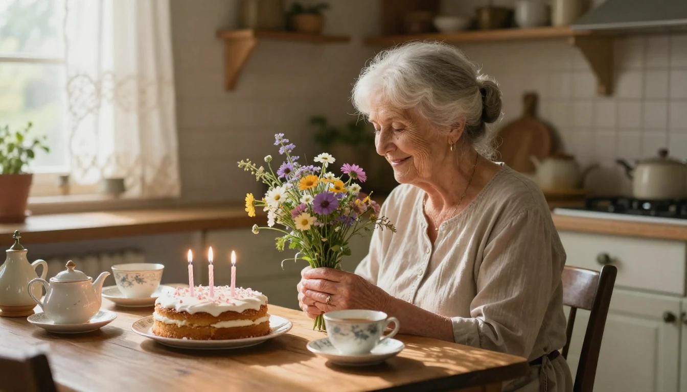 A heartwarming scene of an elderly grandmother with silver h...