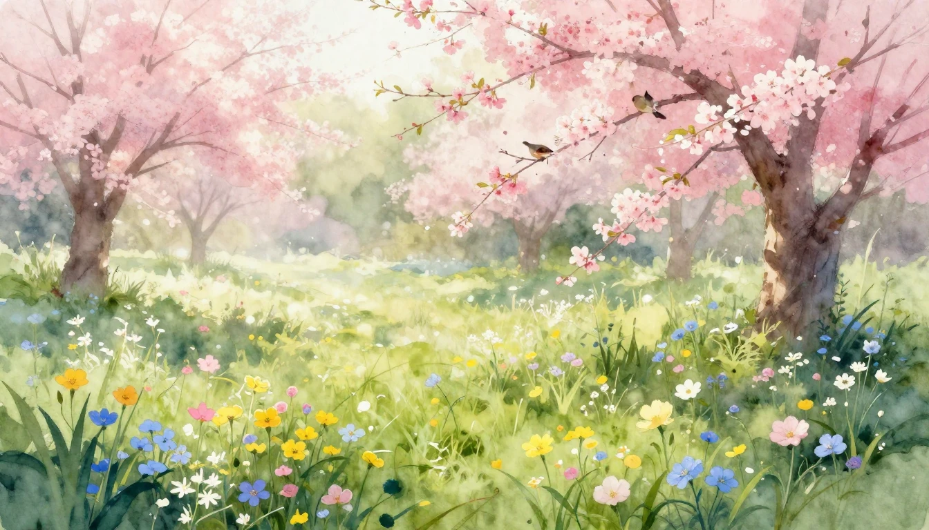 A vibrant watercolor painting of a lush spring meadow at sun...