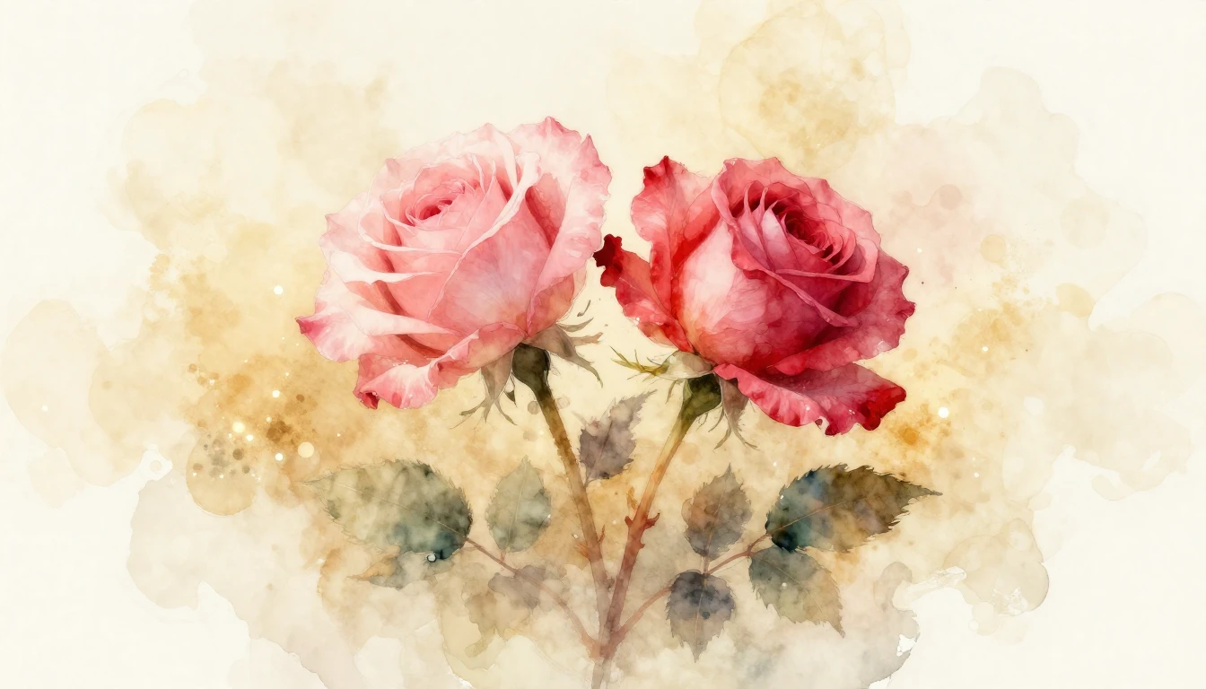 A delicate watercolor painting of two intertwined rose stems...