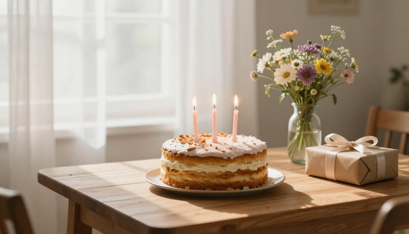 A warm and cozy scene featuring a rustic homemade birthday c...