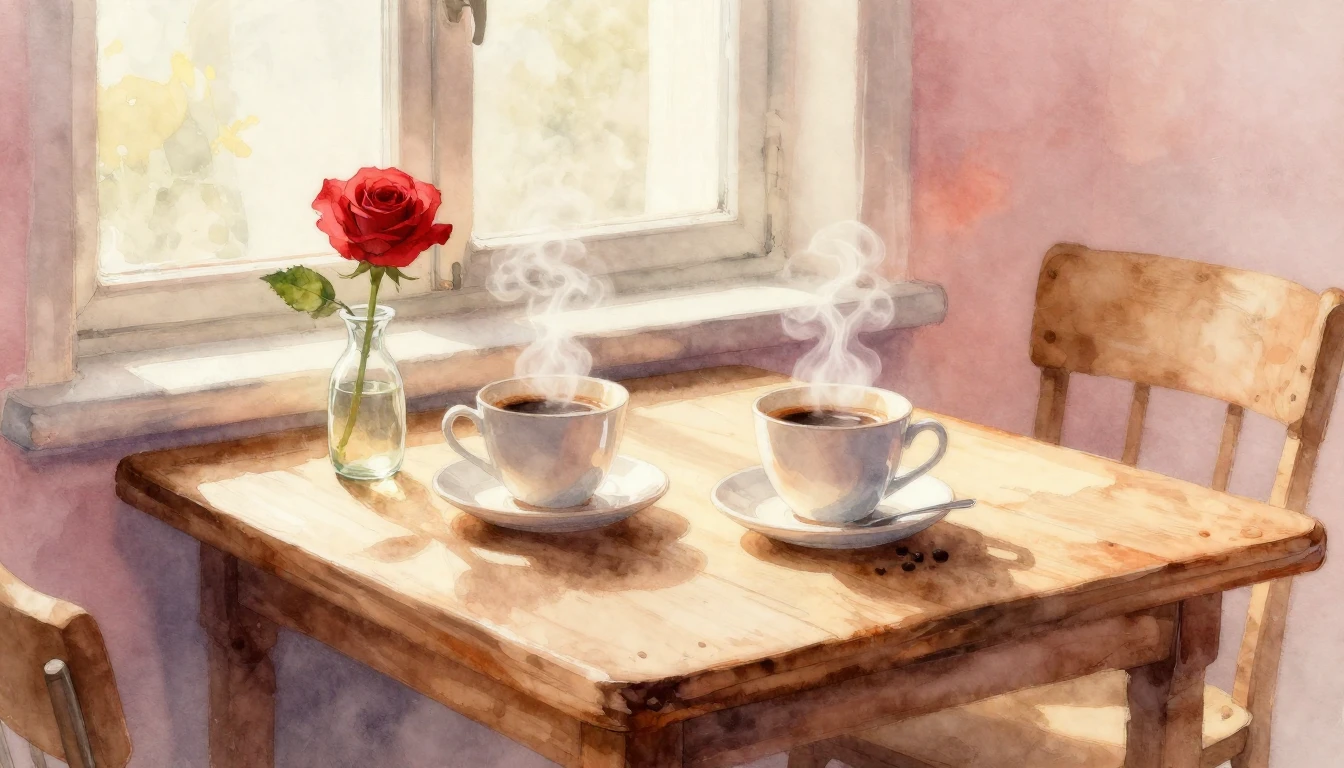 A soft and romantic watercolor painting depicting a cozy Val...
