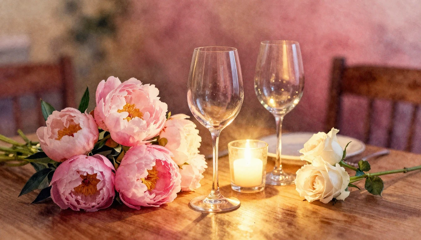 A beautiful watercolor painting of a cozy, romantic dinner s...