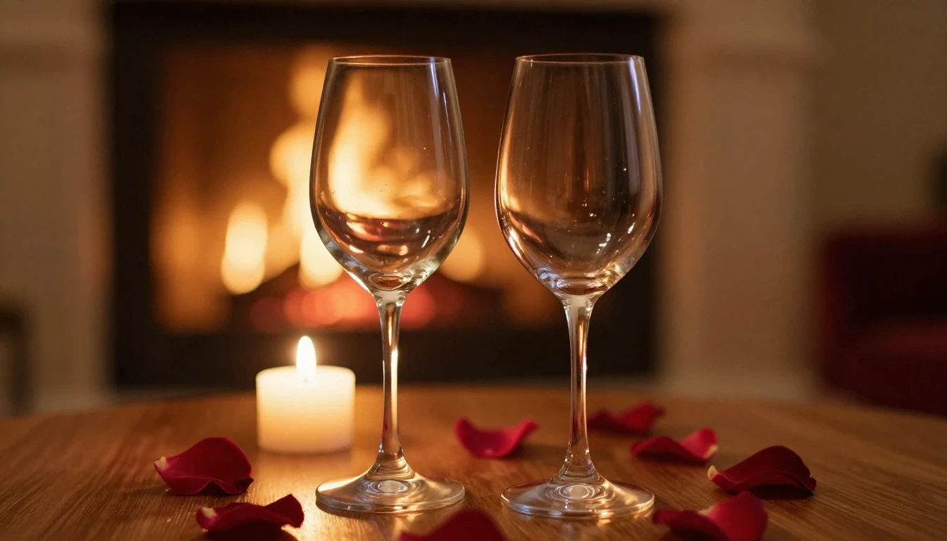 A close-up shot of two elegant wine glasses on a candlelit w...