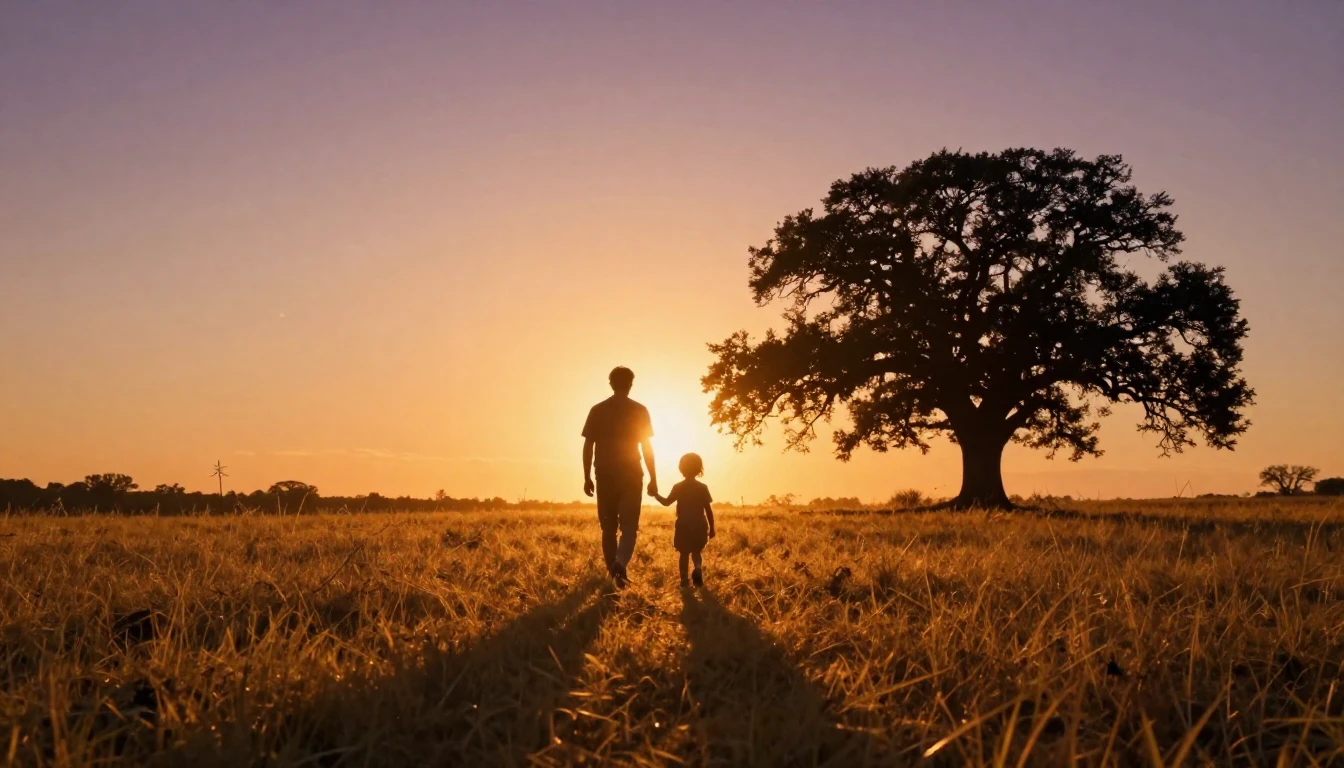 A wide cinematic shot of a silhouetted father and small chil...