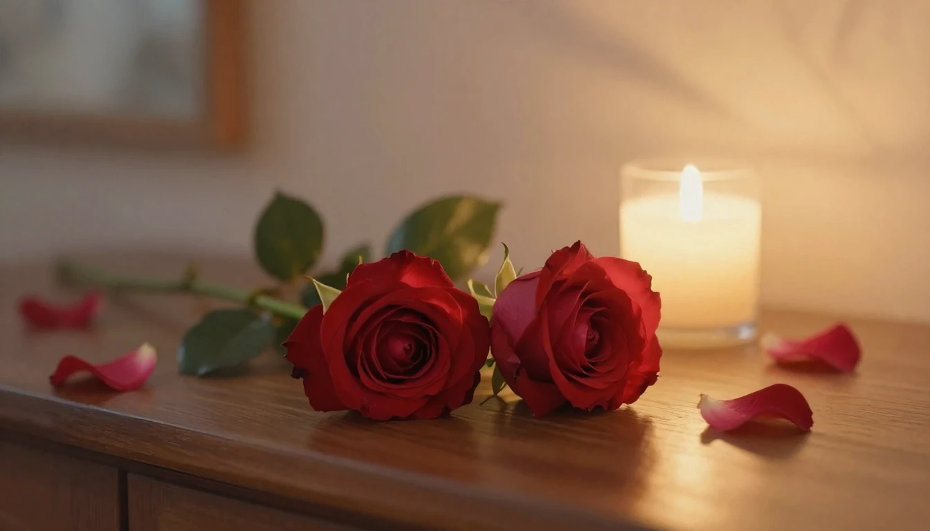 A delicate and ethereal scene featuring two intertwined red ...