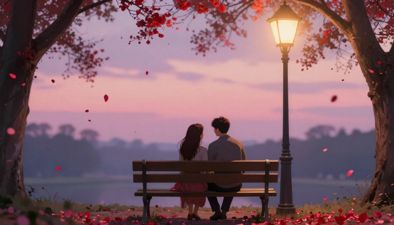 A romantic and soft composition depicting a couple sitting o...