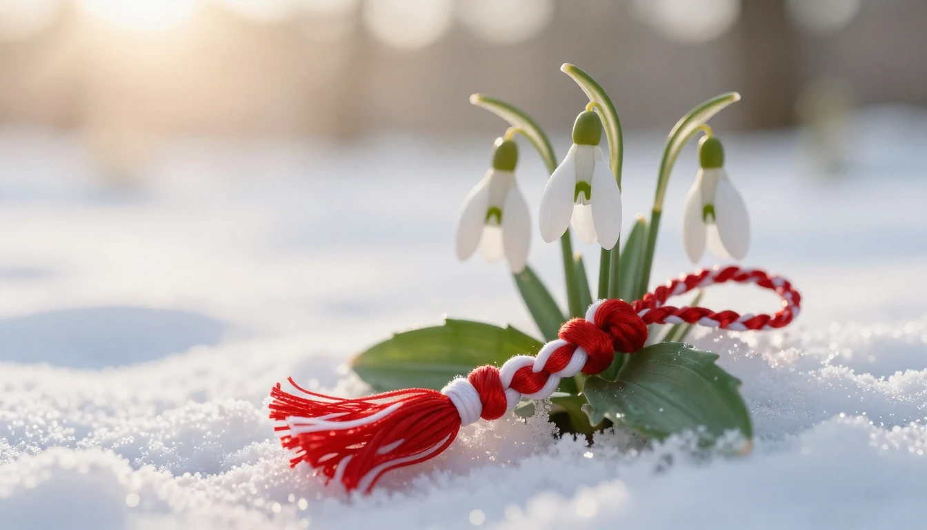 A close-up of delicate white snowdrops emerging from a light...