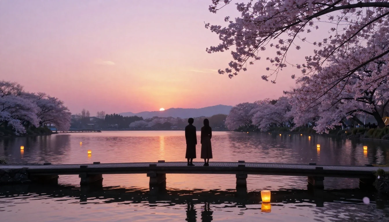 A serene and romantic scene featuring two elegant silhouette...