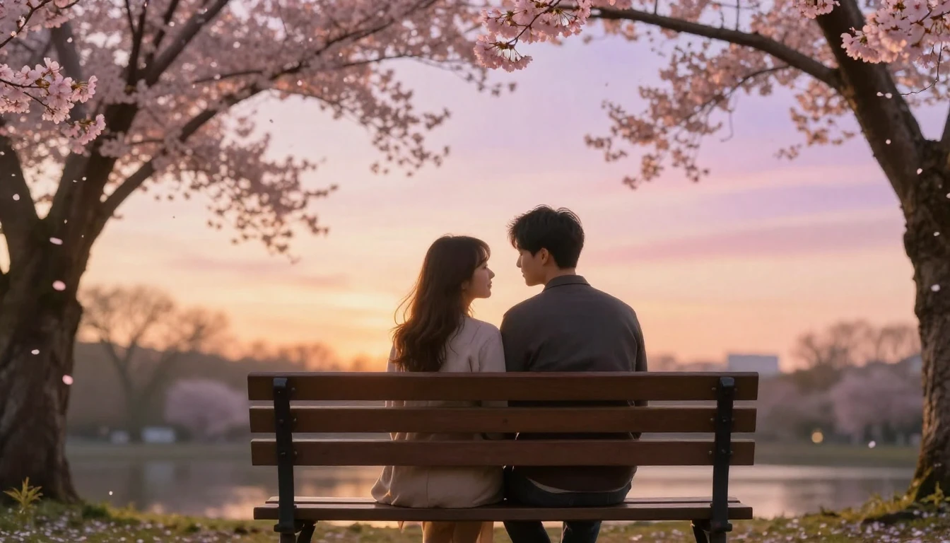 A romantic scene featuring a couple sitting on a wooden benc...