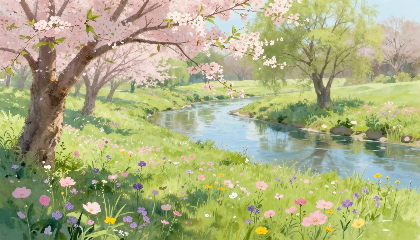 A serene spring landscape featuring a lush green meadow fill...