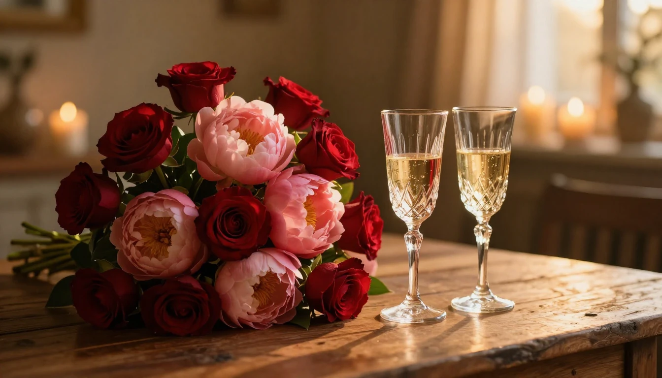 A lush bouquet of deep red roses and soft pink peonies sitti...