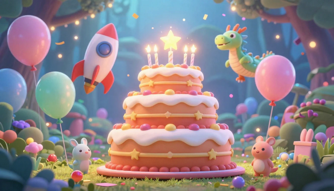 A vibrant and magical birthday celebration scene in a 3D ani...