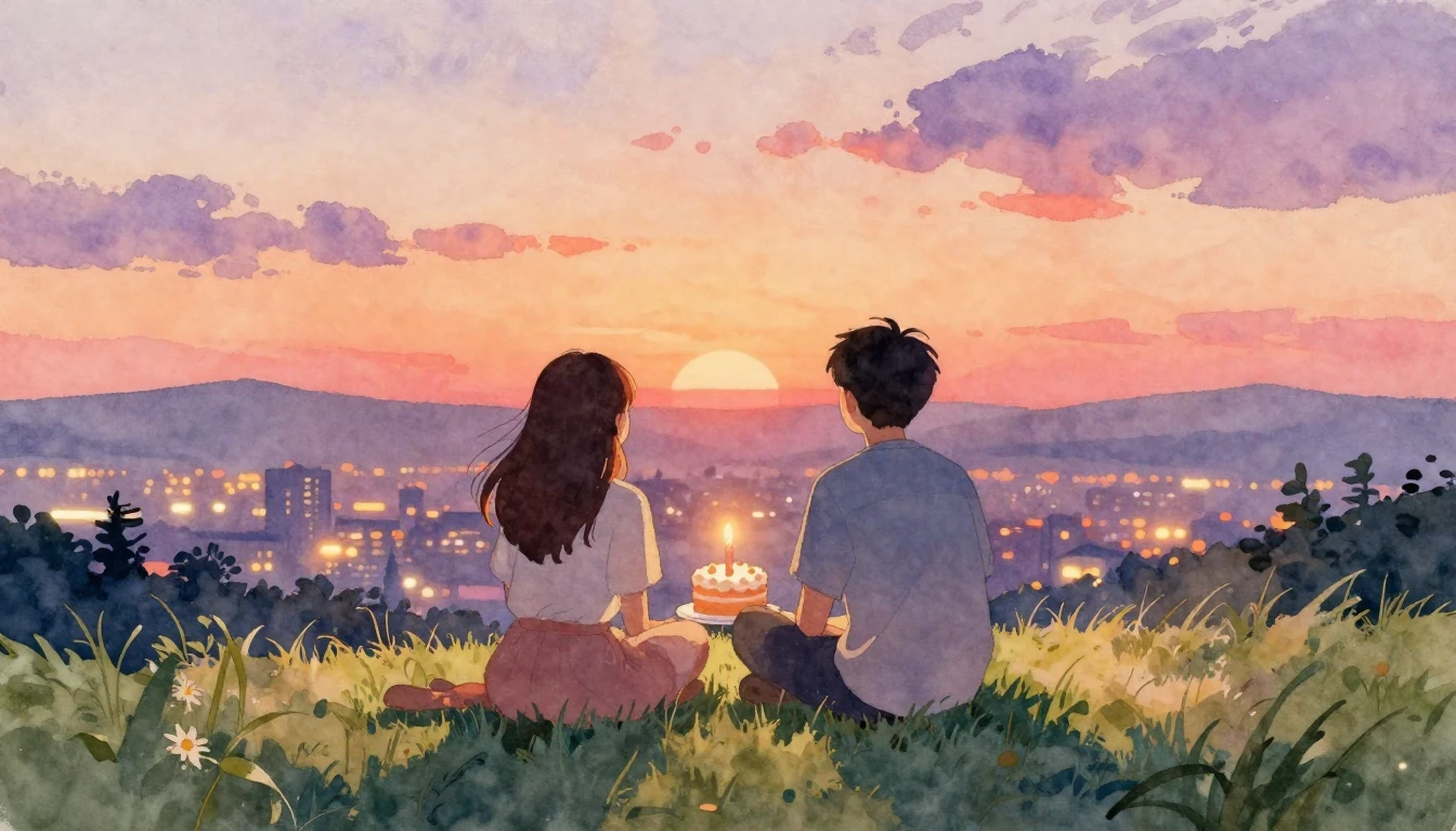A heartwarming watercolor painting of two friends sitting si...
