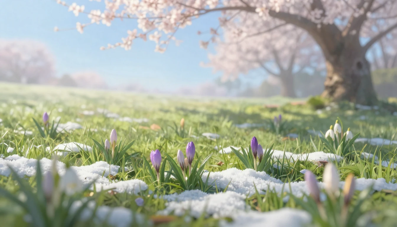 A delicate painting of a lush meadow at dawn during early sp...