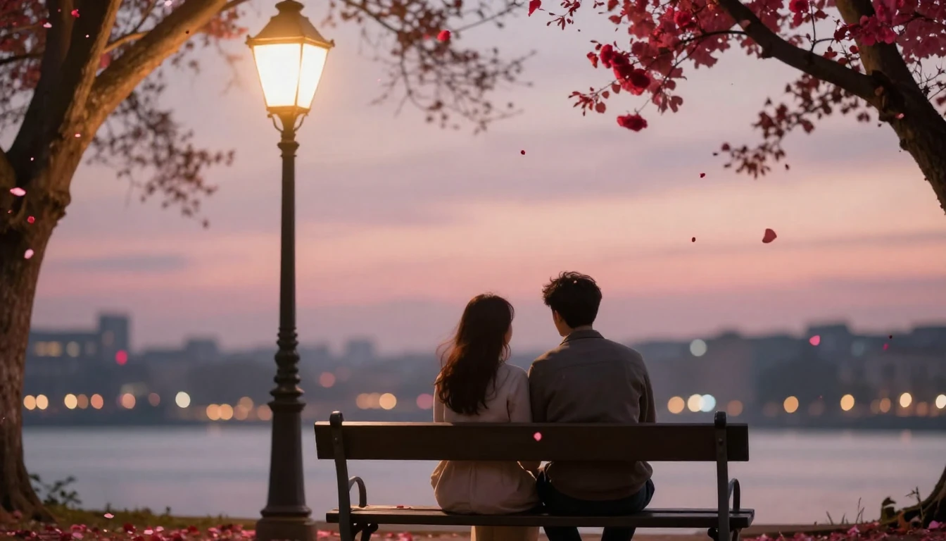 A romantic and dreamy scene depicting a couple sitting on a ...