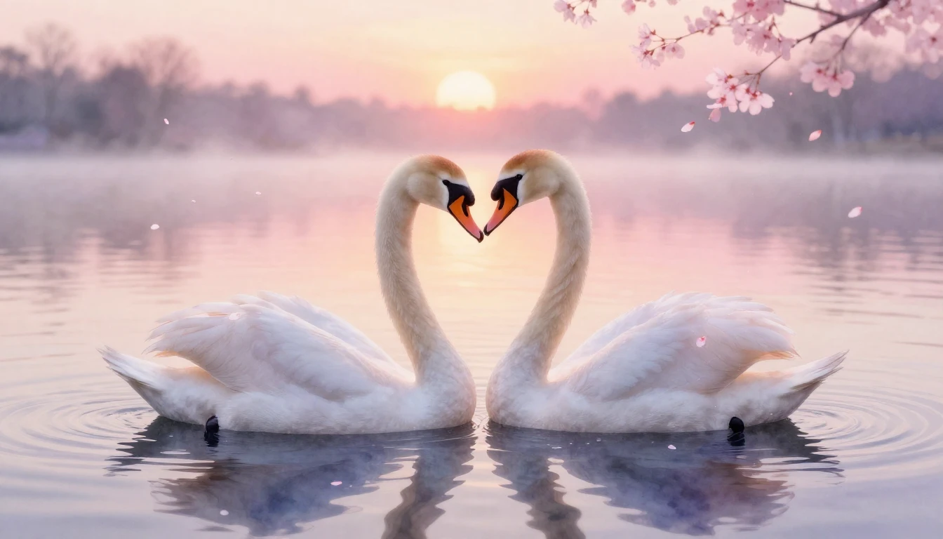 A delicate watercolor painting of two elegant swans forming ...