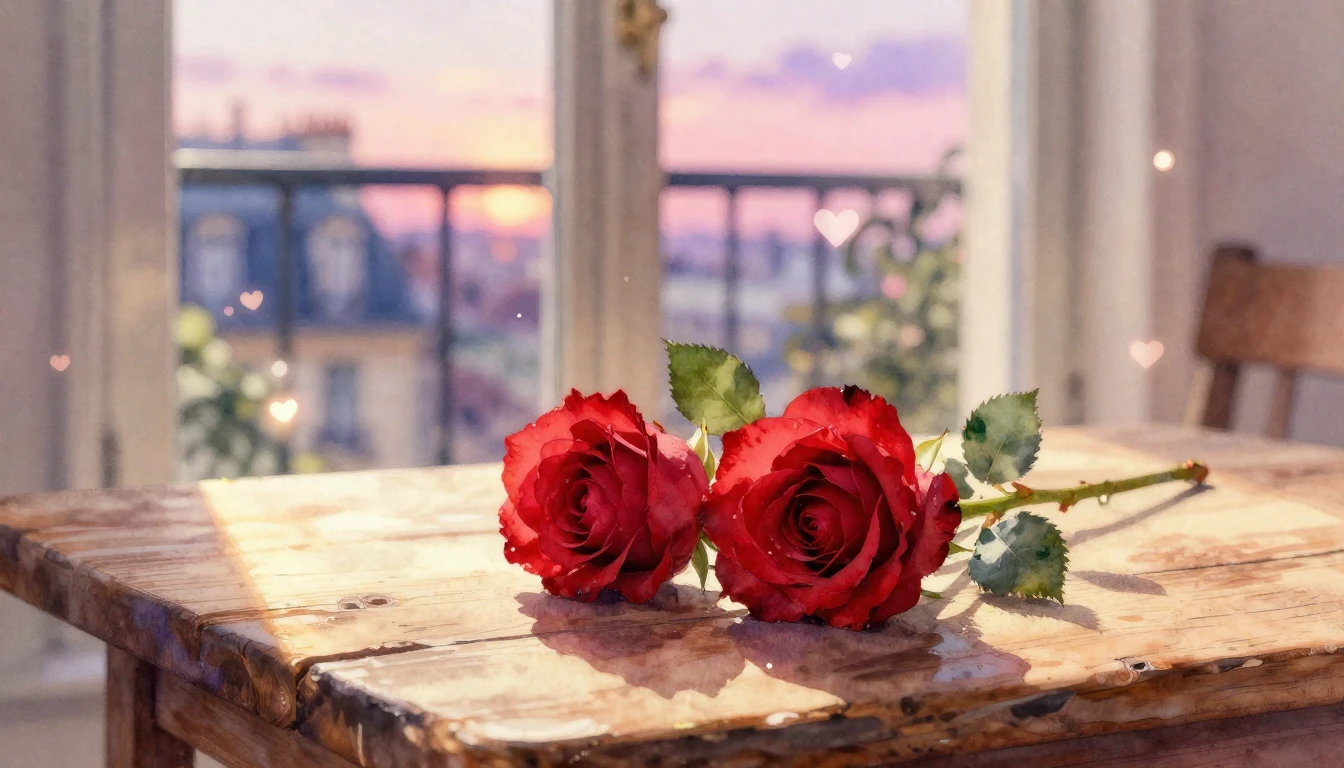 A beautiful watercolor painting of two delicate red roses in...