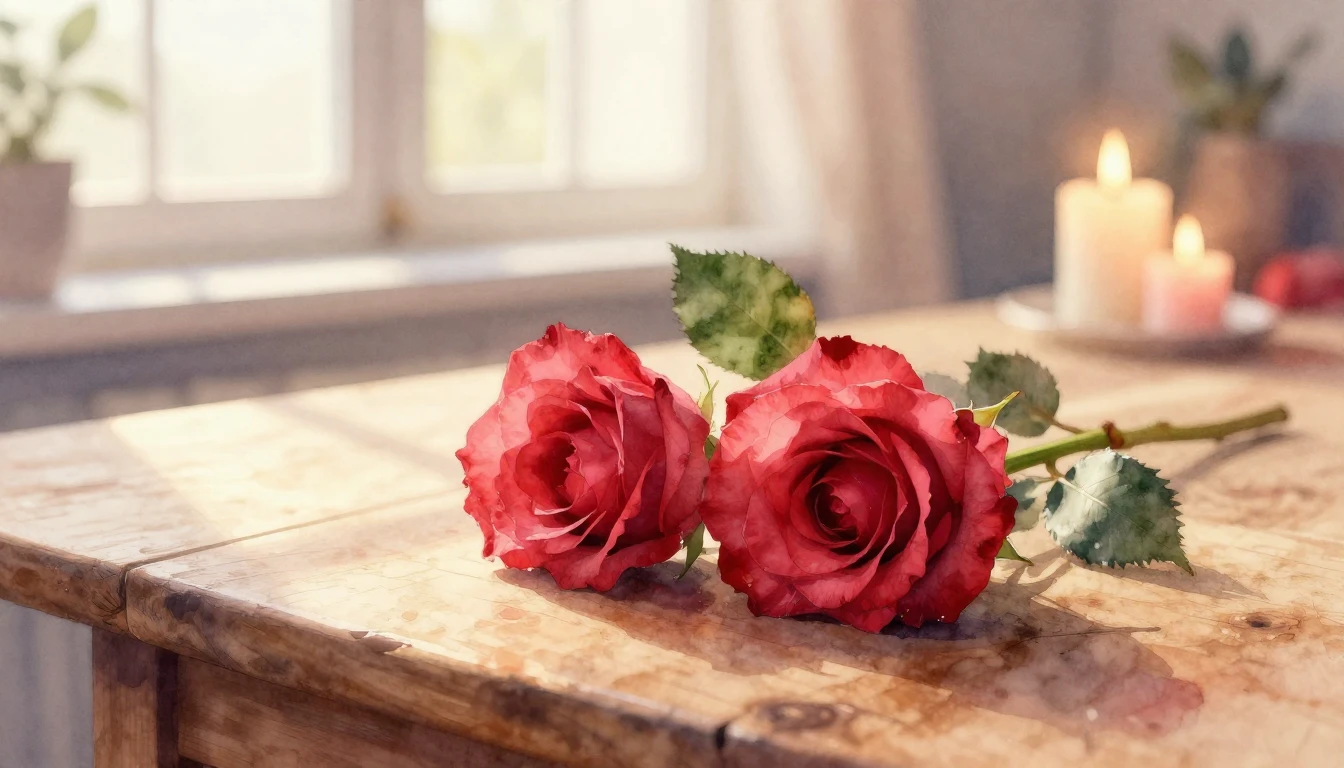 A beautiful watercolor painting of two delicate red roses in...