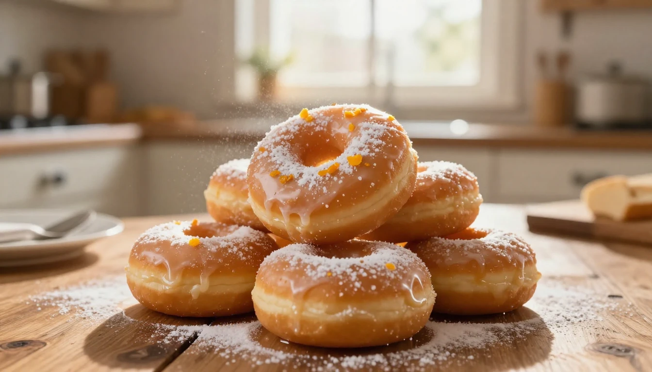 A high-detail, close-up shot of a stack of traditional donut...