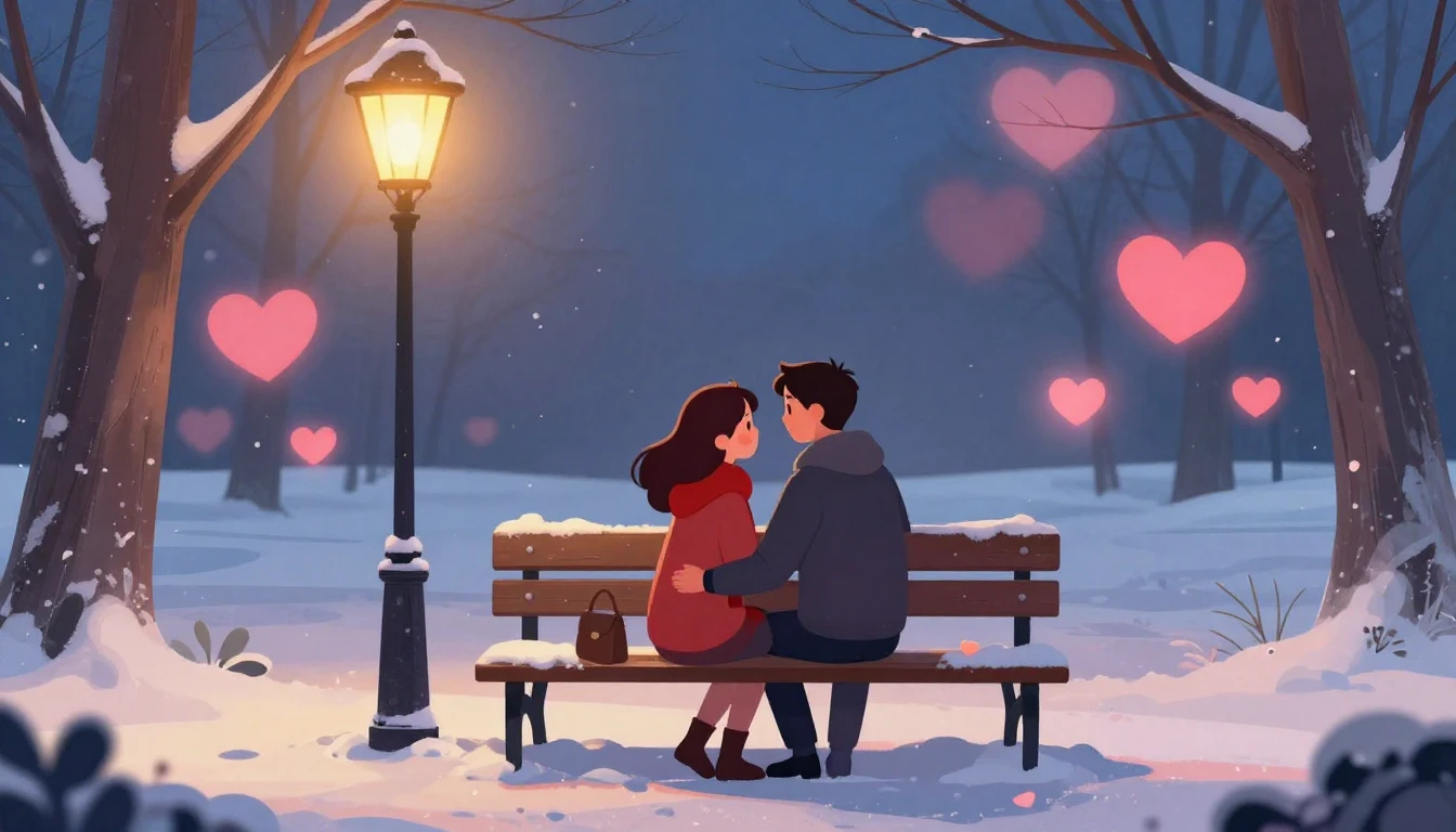 A romantic digital art illustration of a couple sitting on a...