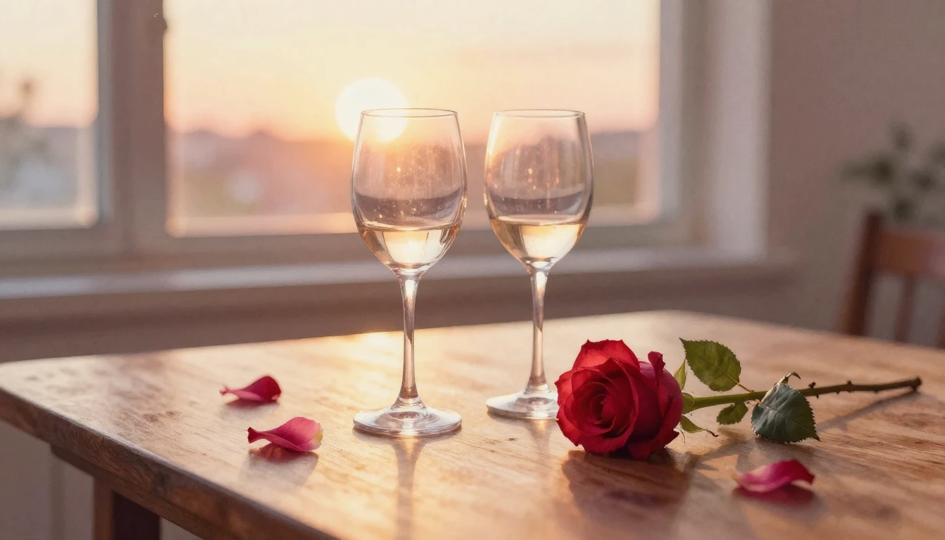 A soft watercolor painting of two delicate wine glasses sitt...