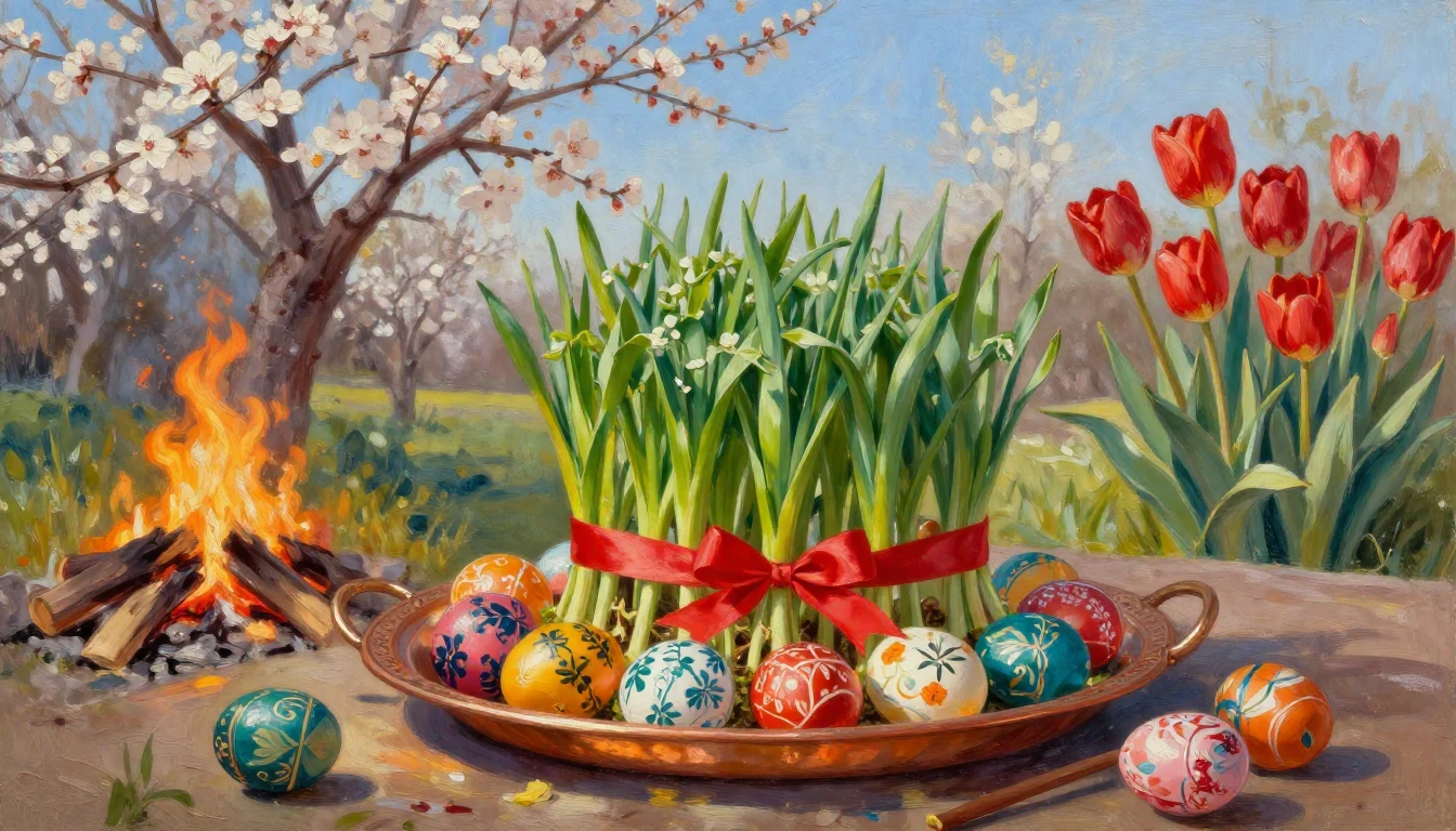 An evocative oil painting of a traditional spring celebratio...