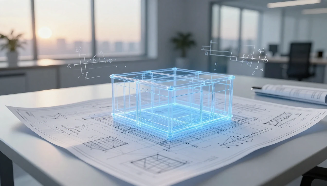 A high-angle view of a clean, modern workspace. A translucen...