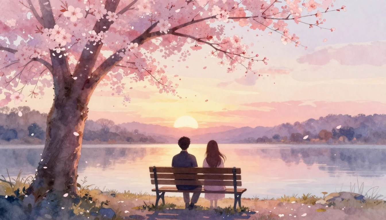 A dreamy and romantic watercolor painting of two silhouettes...